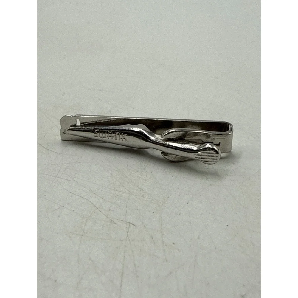 Swank Vintage Silver Tone Minimalist Alligator Clasp Tie Clip Bar Mens Accessory